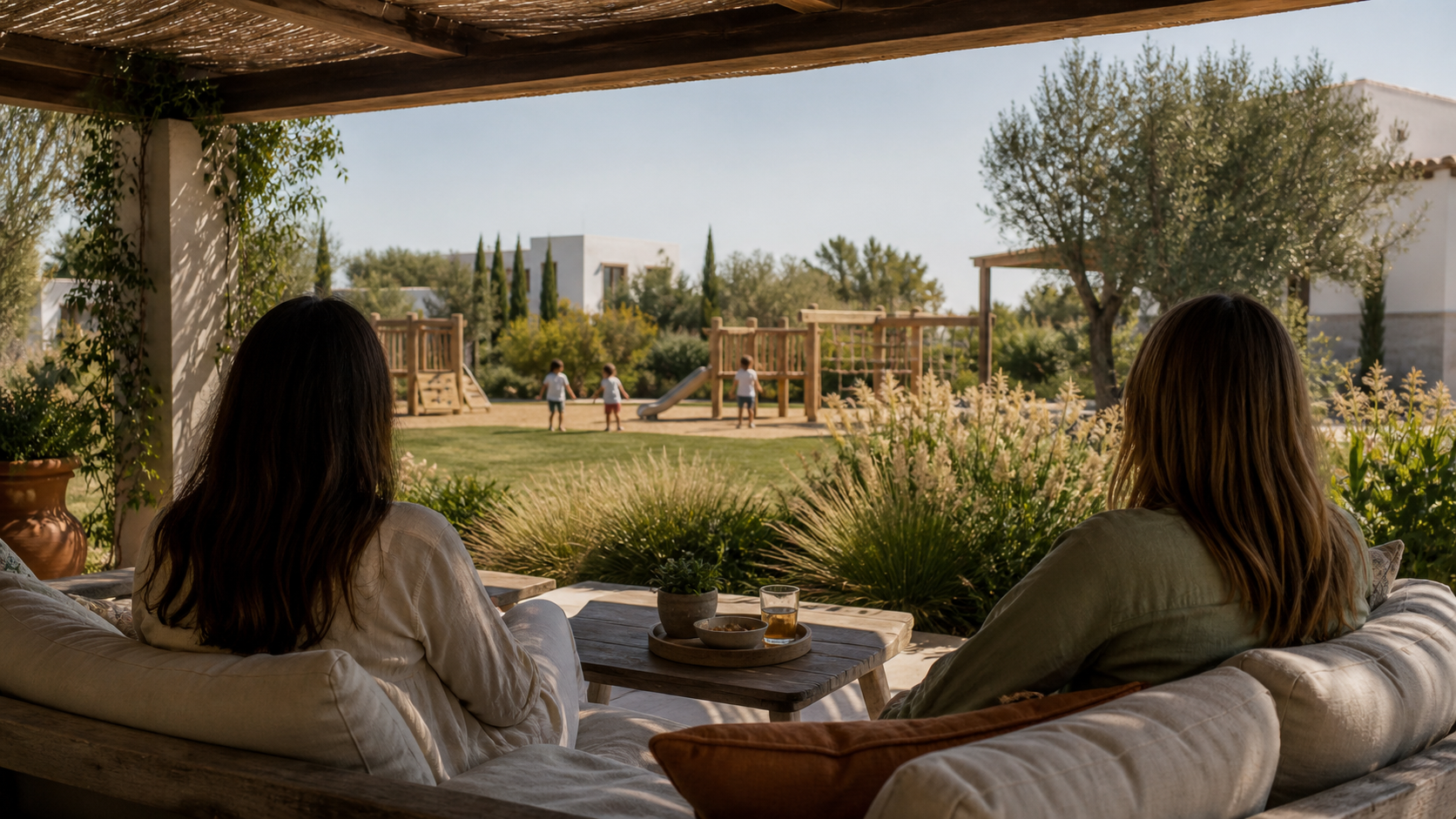 Çocuk eğlencesi ile yetişkinlerin sakin dinlenmesini birlikte anlatan temsili tatil sahnesi